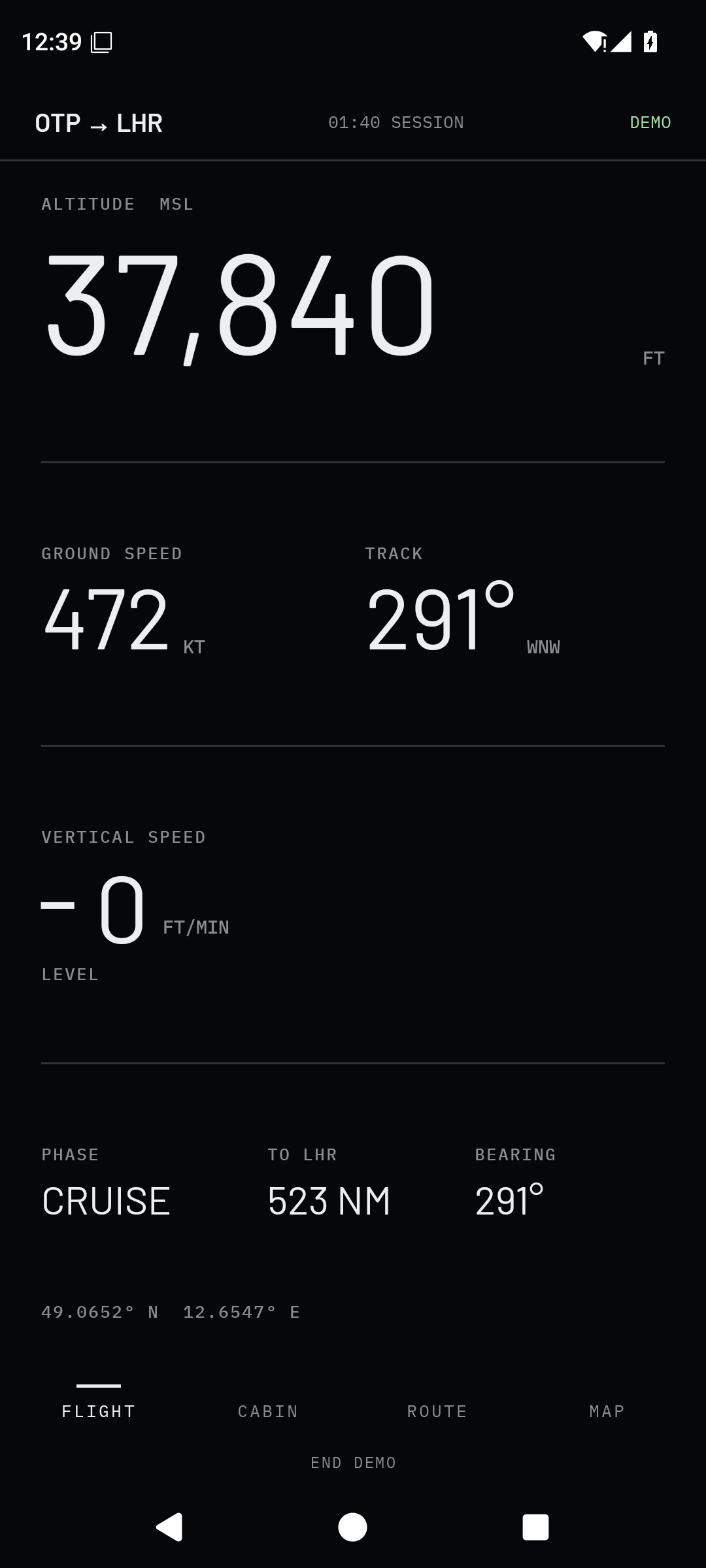 Flight Deck FLIGHT screen showing simulated altitude, ground speed and track for an OTP to LHR demo flight