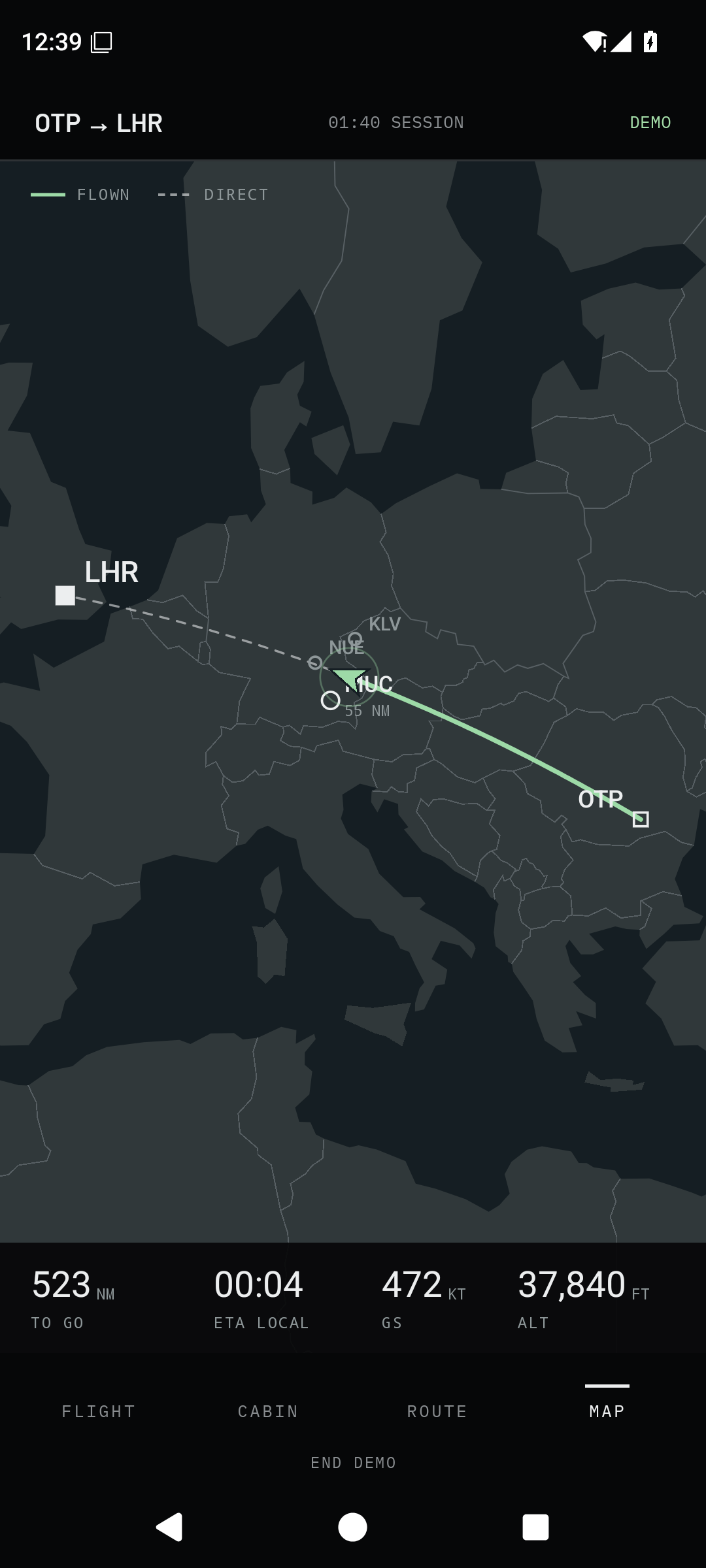 Flight Deck MAP screen showing an offline map, planned route and simulated flown path from Bucharest to London