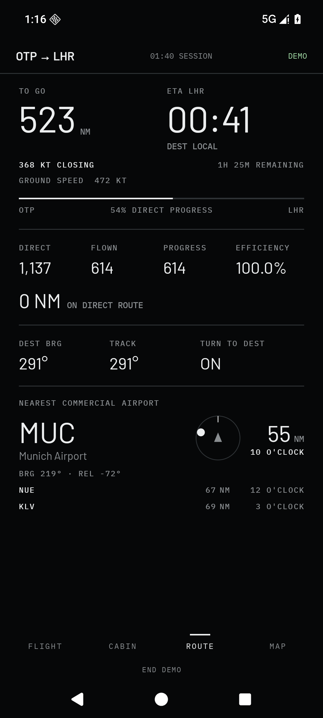 Native Android ROUTE screen showing distance to go, ETA, progress and the nearby-airport bearing dial