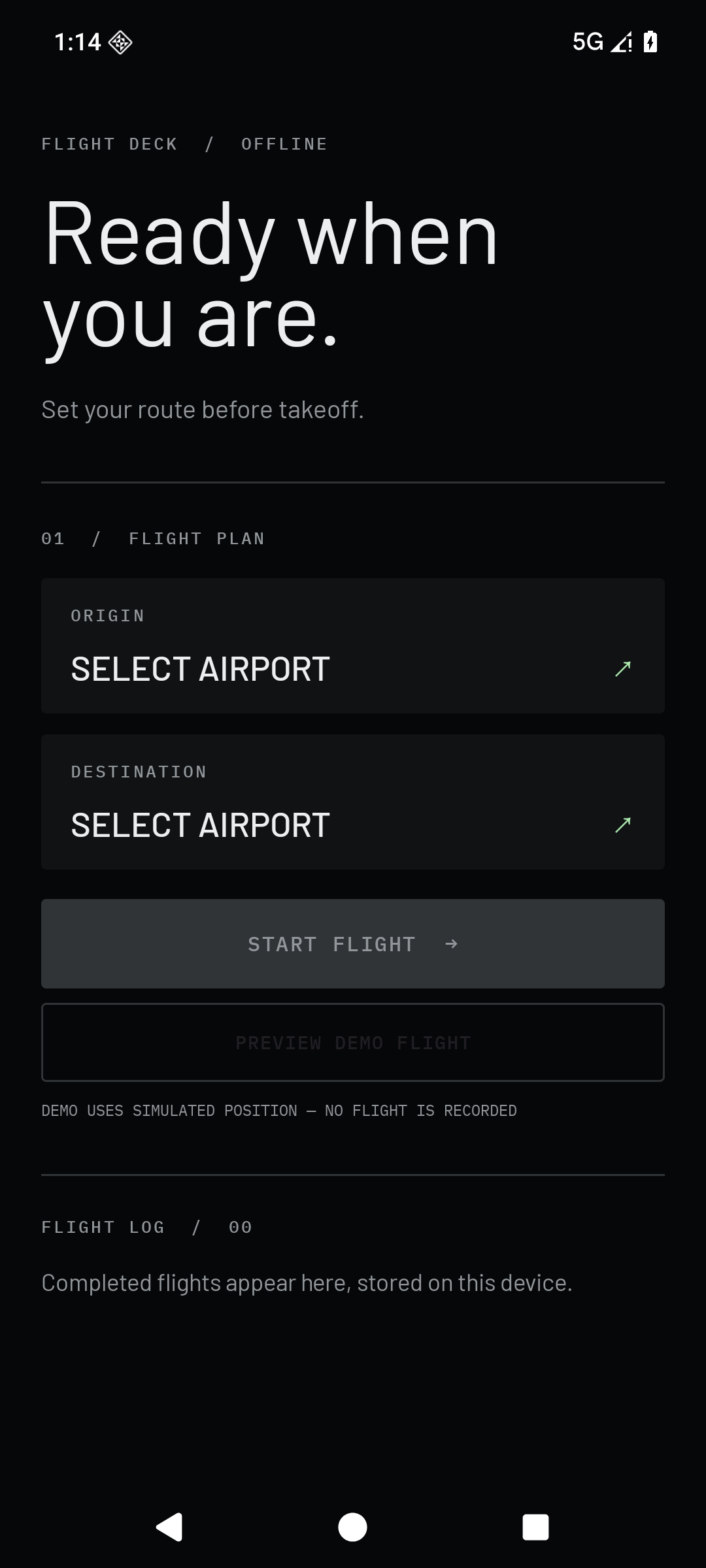 Flight Deck setup screen with separate origin and destination airport selection and a demo flight option