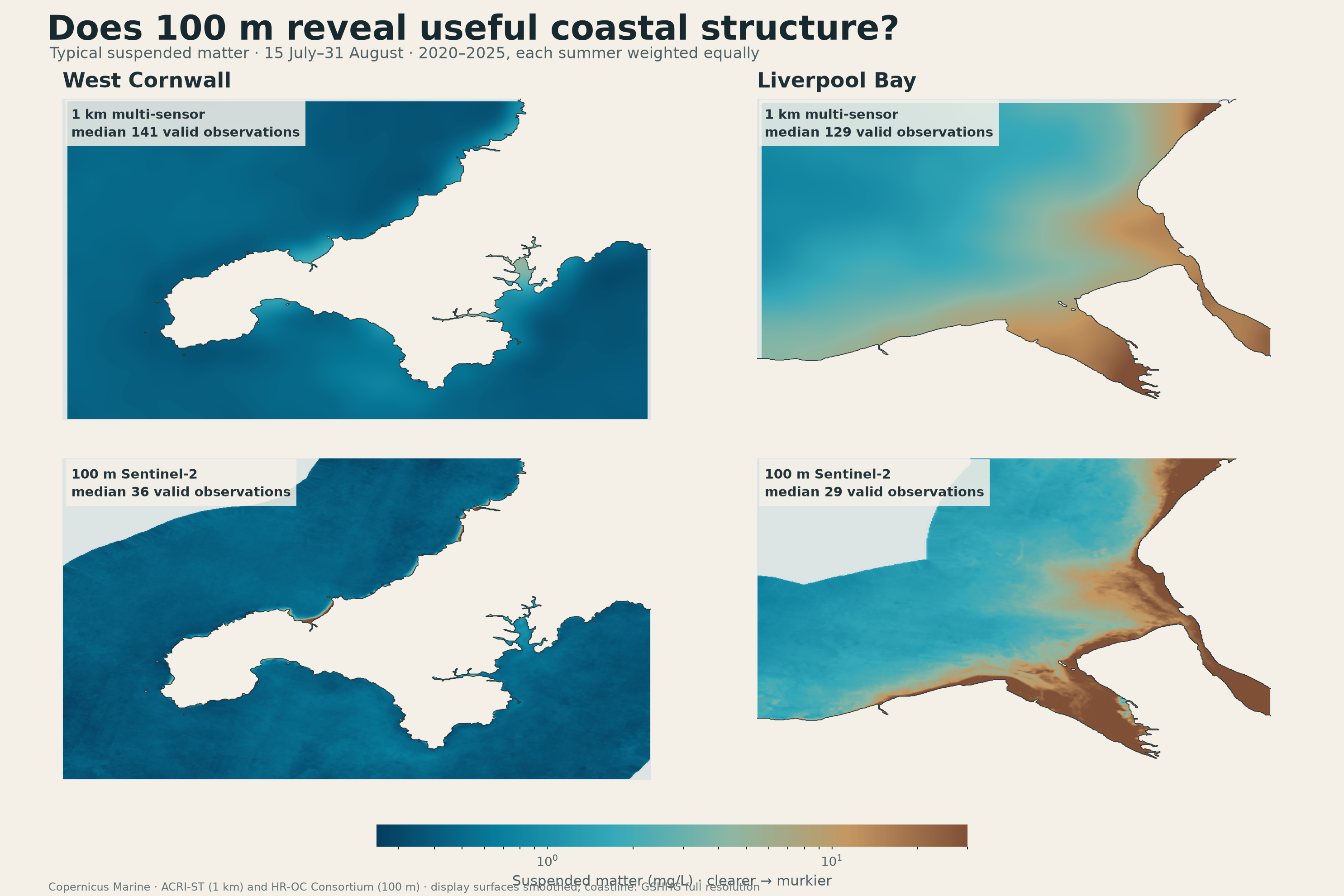 Six-summer comparison of one-kilometre and 100-metre satellite water-colour data around Cornwall and Liverpool Bay