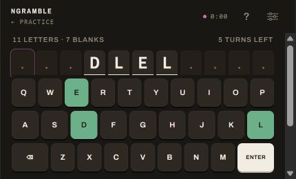 A Ngramble practice board showing DLEL inside an eleven-letter word