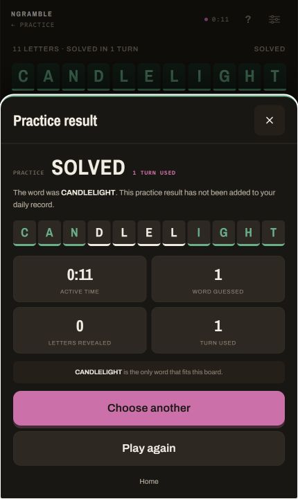 A completed Ngramble practice result showing CANDLELIGHT solved cleanly