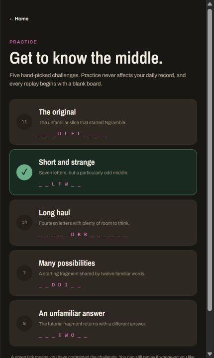 Ngramble's practice screen with five word-fragment challenges
