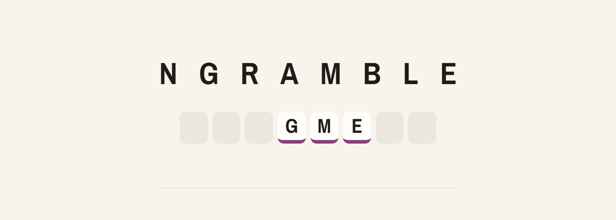 The Ngramble wordmark above a row of word tiles with GME revealed in the middle
